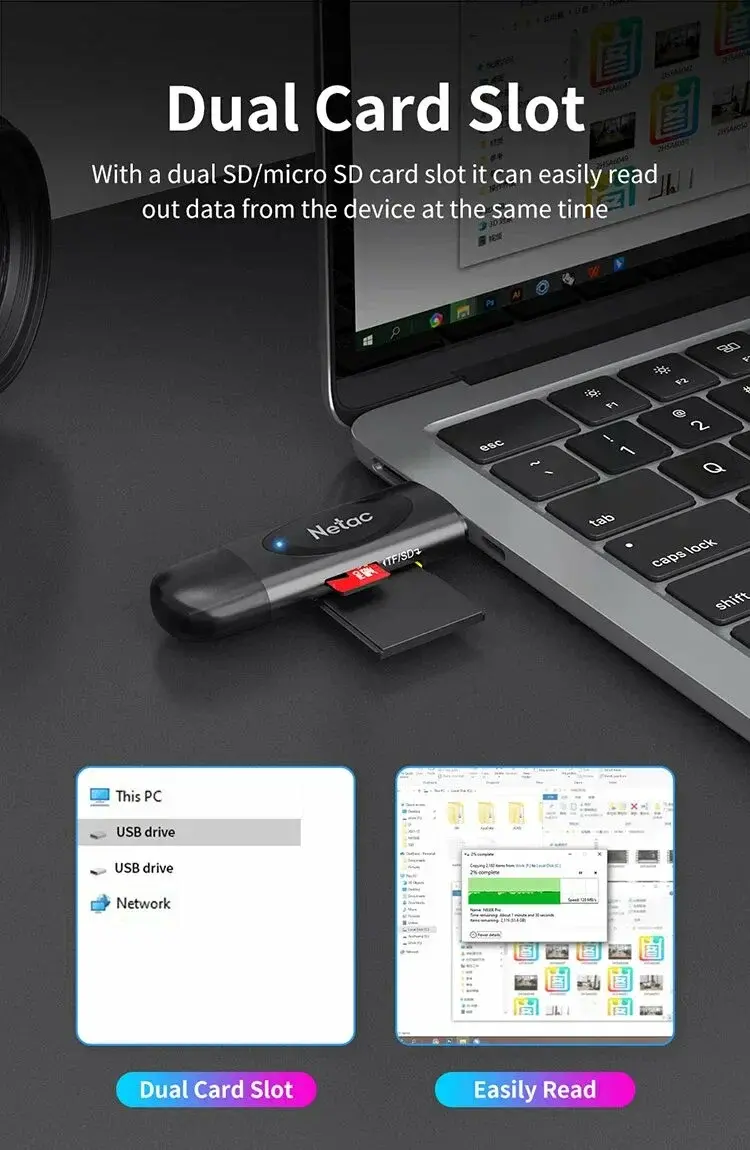 NETAC WK13 Card Reader, USB3.0+Type-C to mSD/SD, Grey