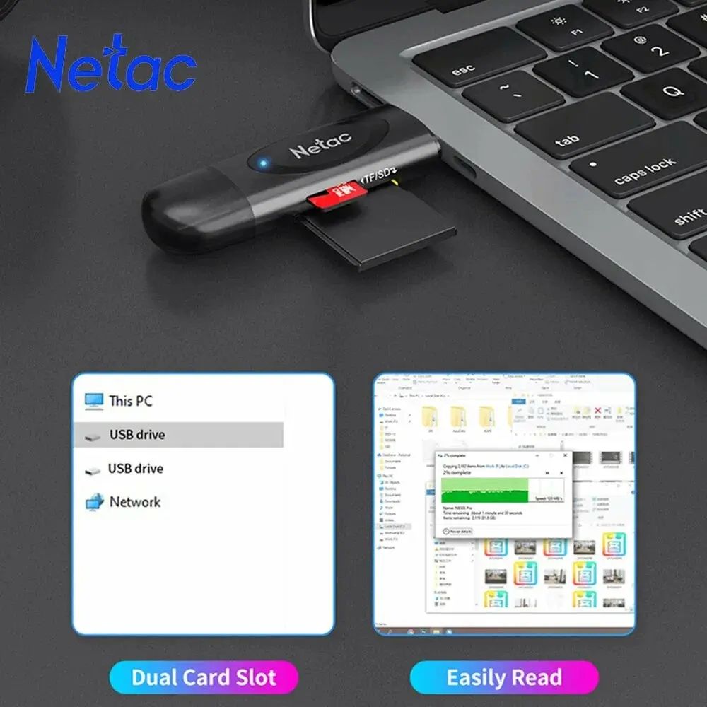 NETAC WK13 Card Reader, USB3.0+Type-C to mSD/SD, Grey