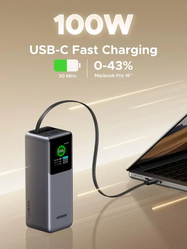 UGREEN PB726 Power Bank, 20000mAh, 165W, Nexode with Smart Digital Display, With Retractable Type-C, Grey