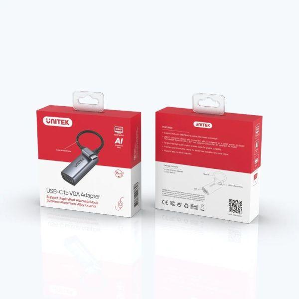 V1413A, Unitek USB-C to VGA(1080P-60Hz) Adapter Cable, with Briad, Grey & Black