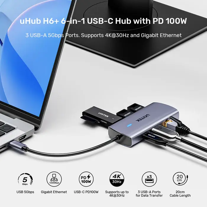 Unitek D1113C USB HUB, 6-in-1 USB-C 5Gbps Hub