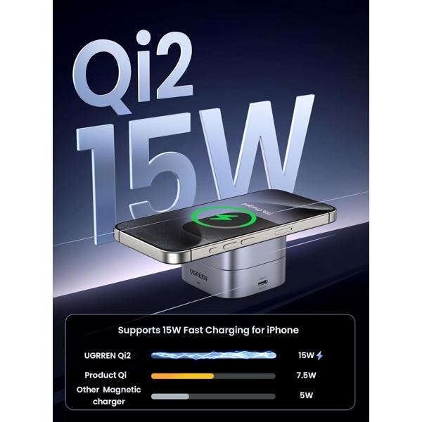 UGREEN W702 Power Supply, MagFlow Qi2, 25W, Magnetic Foldable Charging Station, Dark Gray
