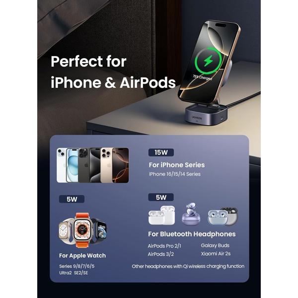 UGREEN W702 Power Supply, MagFlow Qi2, 25W, Magnetic Foldable Charging Station, Dark Gray