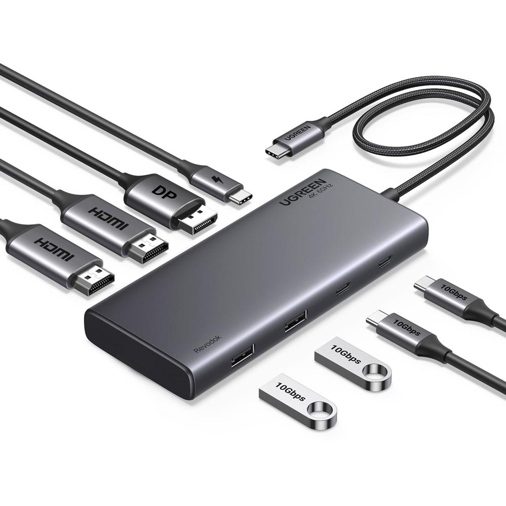 UGREEN CM639 USB HUB, Revodok 308, HDMI, DP, Type-C, USB-A, PD, 8 in 1 USB C Docking Station, Grey