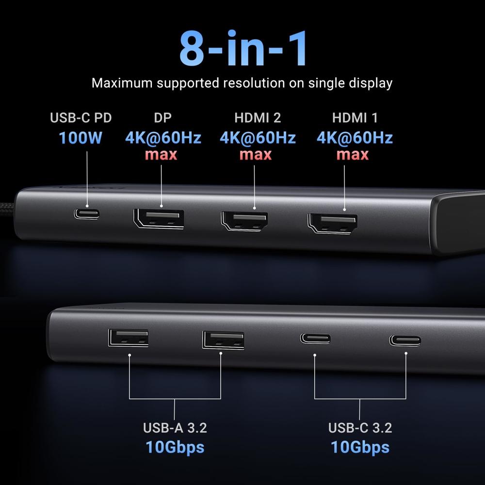 UGREEN CM639 USB HUB, Revodok 308, HDMI, DP, Type-C, USB-A, PD, 8 in 1 USB C Docking Station, Grey