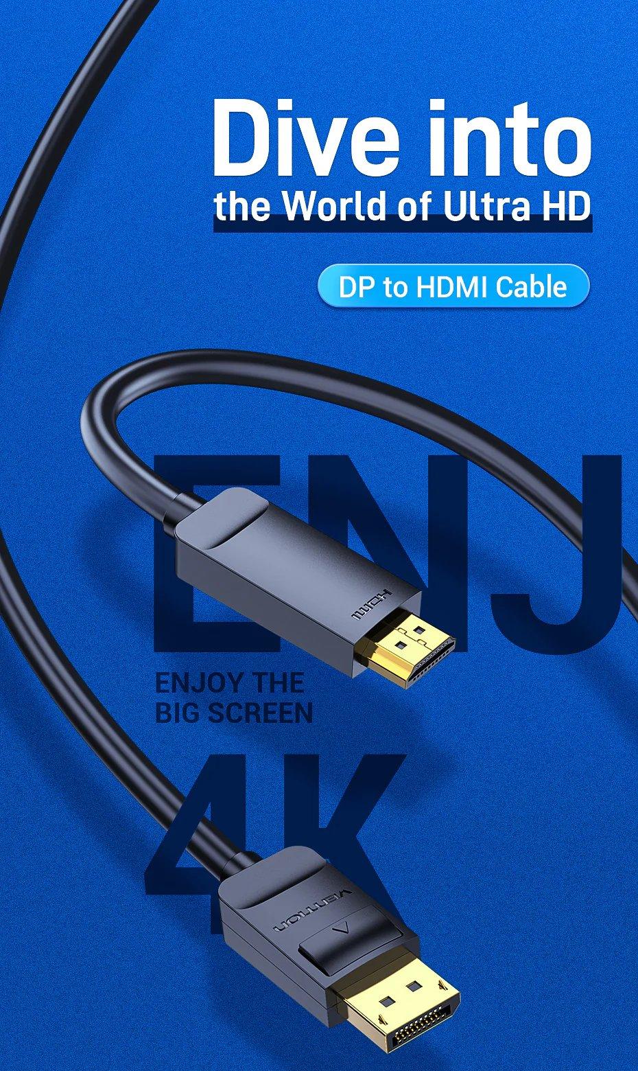 Vention HAGBG Cable, 4K DisplayPort to HDMI Cable 1.5M Black (DP to HDMI)