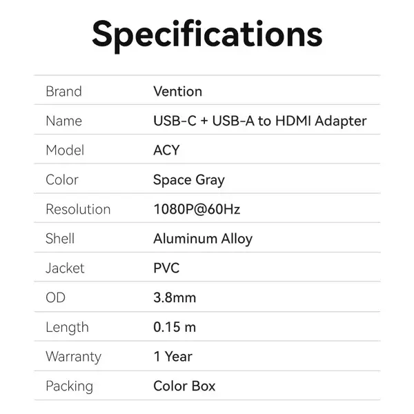 Vention ACYHB USB-C and USB-A to HDMI Converter Gray Aluminium Alloy Type