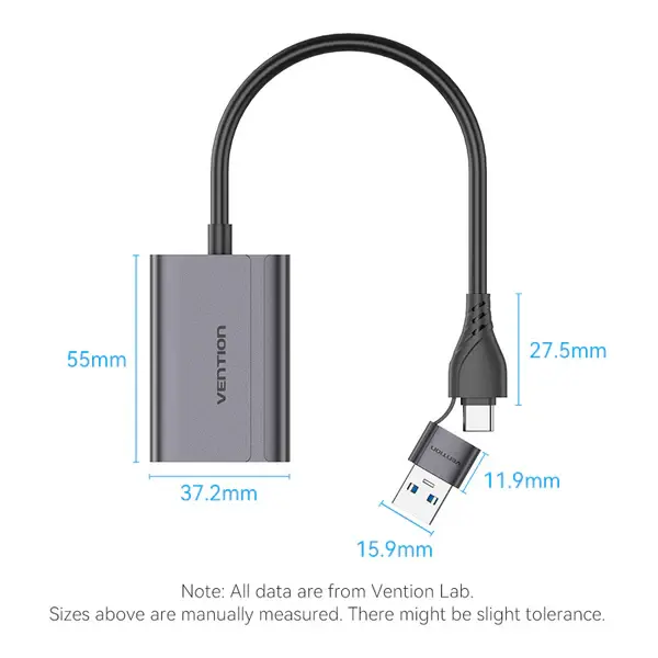 Vention ACYHB USB-C and USB-A to HDMI Converter Gray Aluminium Alloy Type