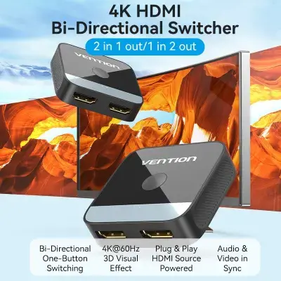 AKOB0 2-Port HDMI Adapter, 2-Port HDMI Bi-Direction 4K Switcher Black ABS Type