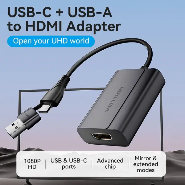 Vention ACYHB USB-C and USB-A to HDMI Converter Gray Aluminium Alloy Type