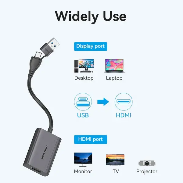 Vention ACYHB USB-C and USB-A to HDMI Converter Gray Aluminium Alloy Type