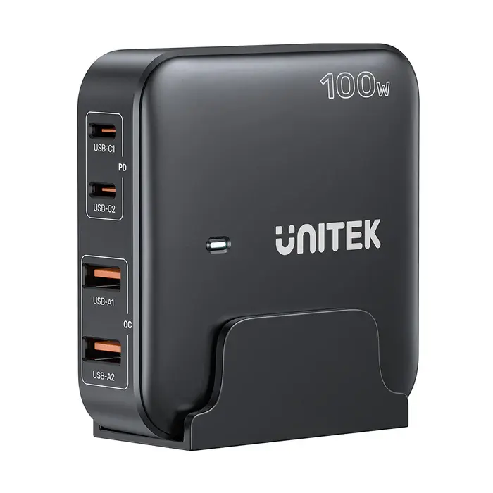 Unitek P1229ABK Charger, 100W 4-in-1 Desktop GaN Charger (2*USB-C PD + 2*USB-A QC3.0), with 1.5M Power Cord, Black