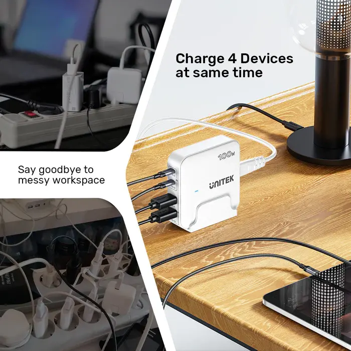 Unitek P1229ABK Charger, 100W 4-in-1 Desktop GaN Charger (2*USB-C PD + 2*USB-A QC3.0), with 1.5M Power Cord, Black