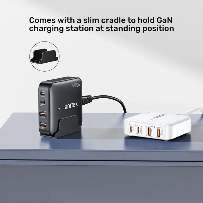 Unitek P1229ABK Charger, 100W 4-in-1 Desktop GaN Charger (2*USB-C PD + 2*USB-A QC3.0), with 1.5M Power Cord, Black
