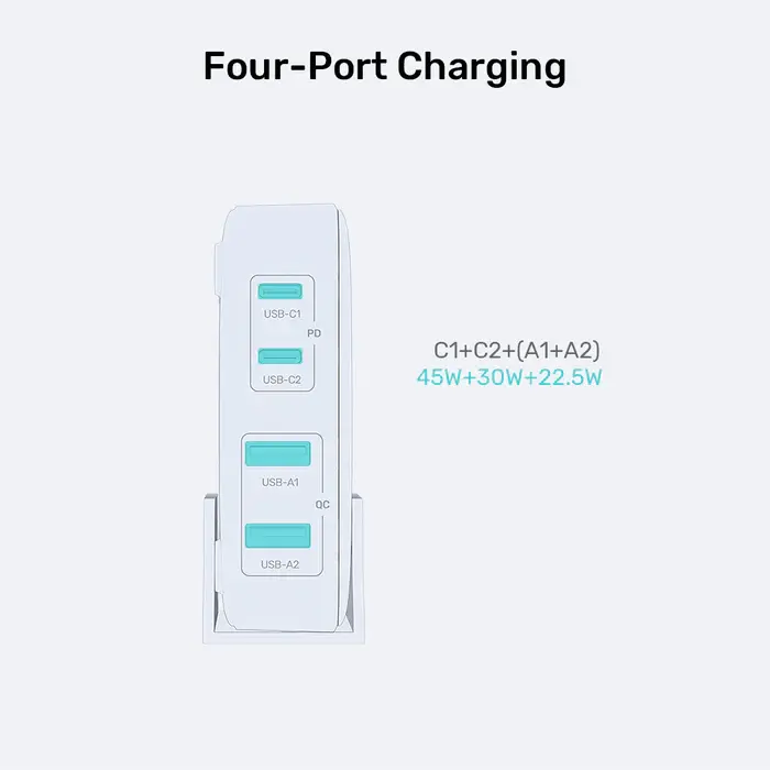 Unitek P1229ABK Charger, 100W 4-in-1 Desktop GaN Charger (2*USB-C PD + 2*USB-A QC3.0), with 1.5M Power Cord, Black
