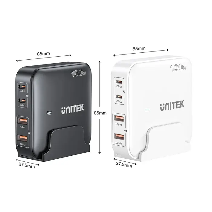 Unitek P1229ABK Charger, 100W 4-in-1 Desktop GaN Charger (2*USB-C PD + 2*USB-A QC3.0), with 1.5M Power Cord, Black