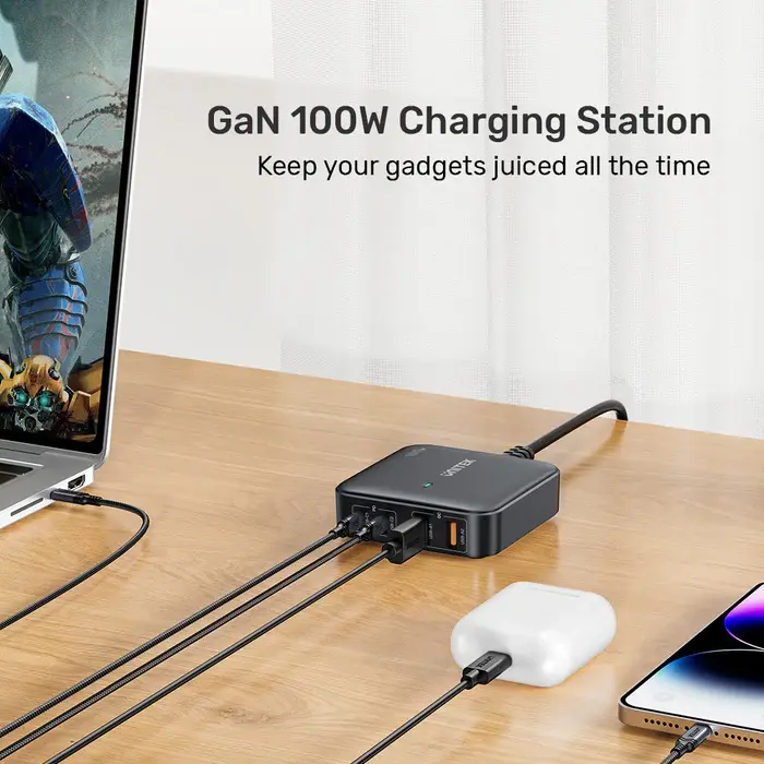 Unitek P1229ABK Charger, 100W 4-in-1 Desktop GaN Charger (2*USB-C PD + 2*USB-A QC3.0), with 1.5M Power Cord, Black