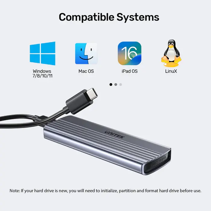 Unitek S1241B01 USB Adapter, USB-C 10Gbps to NVMe M.2 SSD Enclosure, up to 8TB, Space Grey