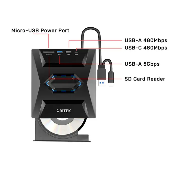 Unitek USB Adapter, T1037A01, 5-in-1 External Optical Drive with USB Hub, SD Card Reader- Up to 5 Gbps; 8x DVDR, 24x CD wri