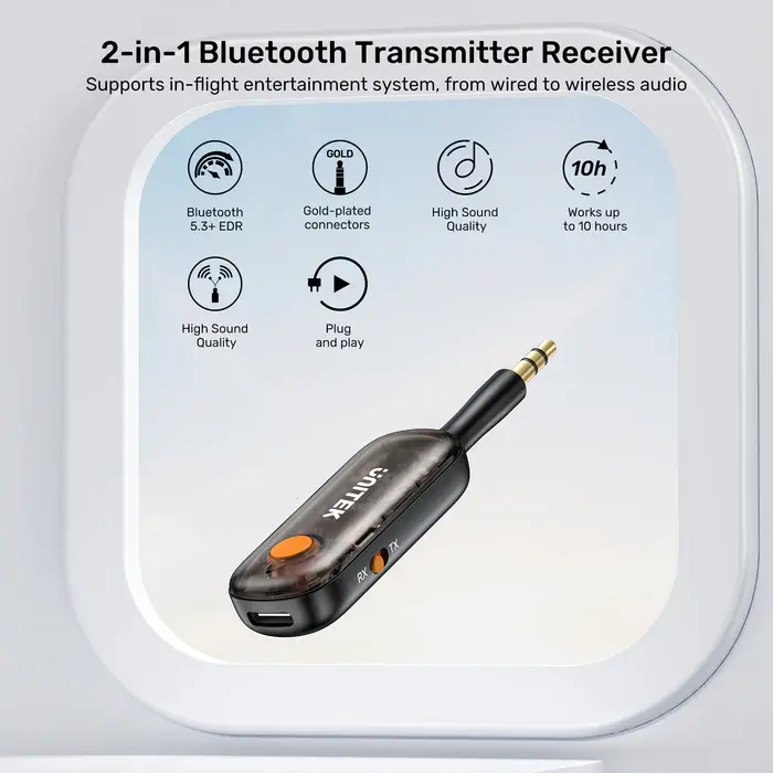 Unitek B1111A01 Bluetooth Adapter, 2-in-1 Bluetooth 5.3 Transmitter/Receiver, up to 10 m, latency 40ms, charge up to 10