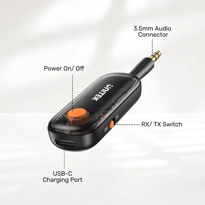Unitek B1111A01 Bluetooth Adapter, 2-in-1 Bluetooth 5.3 Transmitter/Receiver, up to 10 m, latency 40ms, charge up to 10
