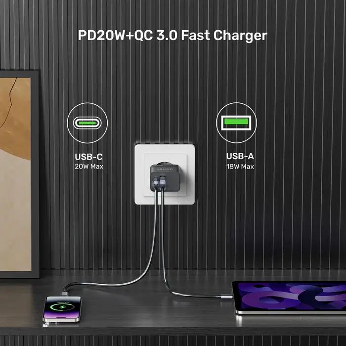 P1124ABK01-EU Unitek 20W Wall Charger, EU, USB-A QC + USB-C PD, Black