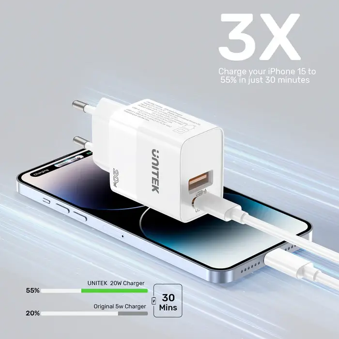 Unitek P1124AWH01-EU 20W 2-Port Wall Charger (USB-A QC + USB-C PD), White