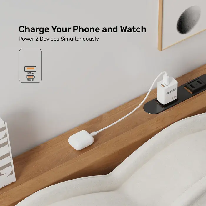 Unitek P1124AWH01-EU 20W 2-Port Wall Charger (USB-A QC + USB-C PD), White