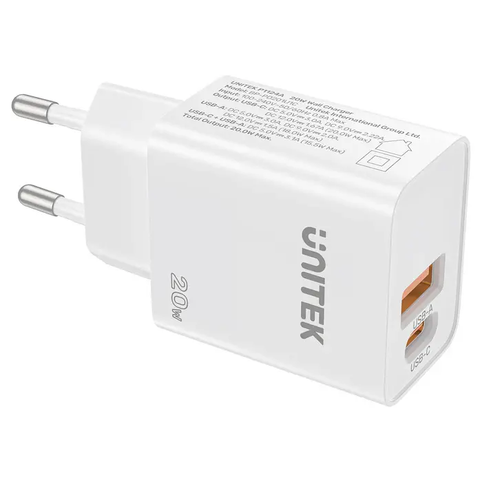 Unitek P1124AWH01-EU 20W 2-Port Wall Charger (USB-A QC + USB-C PD), White