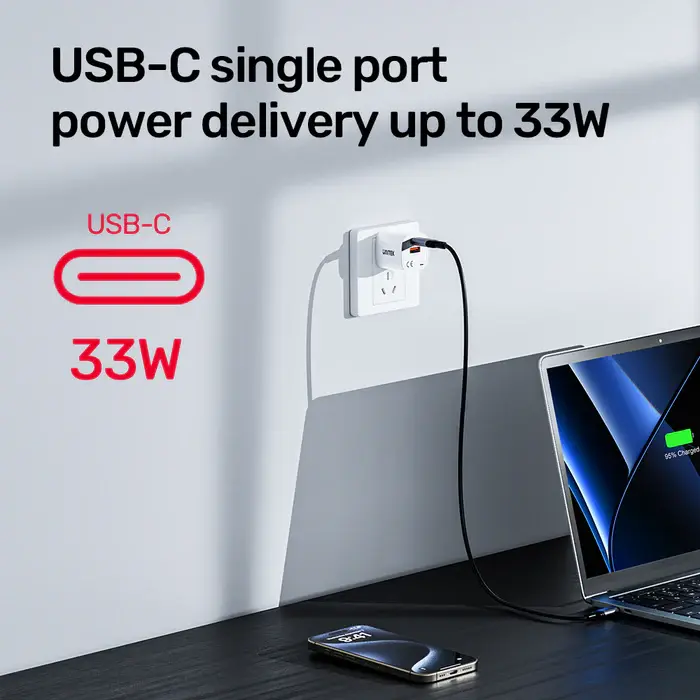 P1125AWH01-EU Unitek max 33W Wall Charger, EU, USB-A + USB-C Output, White