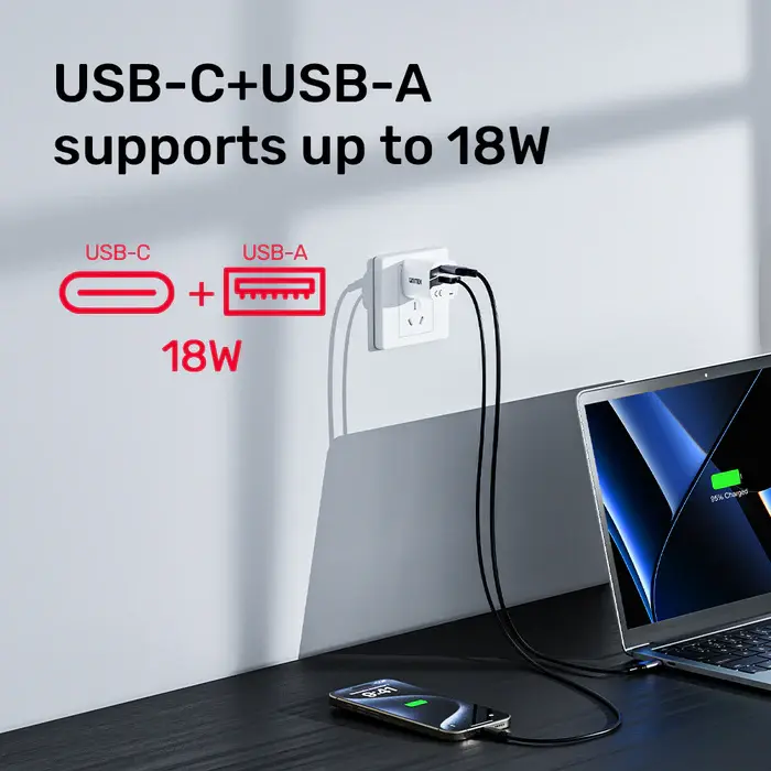 P1125AWH01-EU Unitek max 33W Wall Charger, EU, USB-A + USB-C Output, White