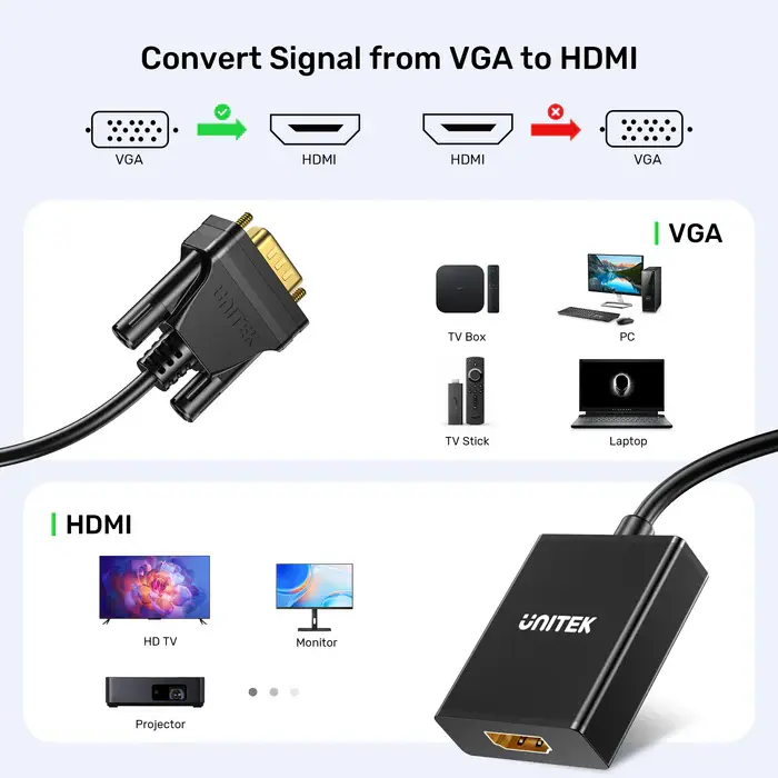 Unitek V1112ABK01 VGA to HDMI Adapter with Audio & Power Port