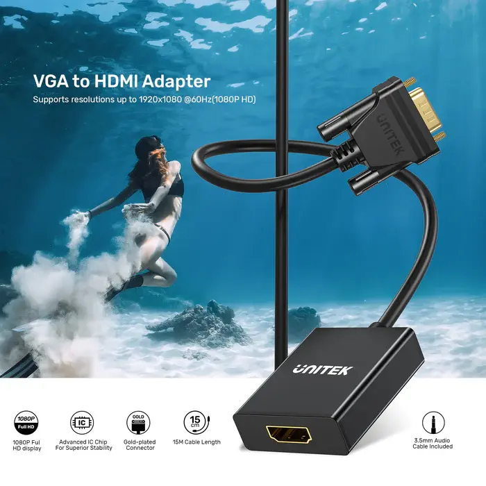 Unitek V1112ABK01 VGA to HDMI Adapter with Audio & Power Port