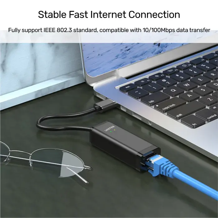 Unitek Y-1468 USB Adapter, USB2.0 to 10/100Mbps Ethernet Adapter, With LED Indicator, Black