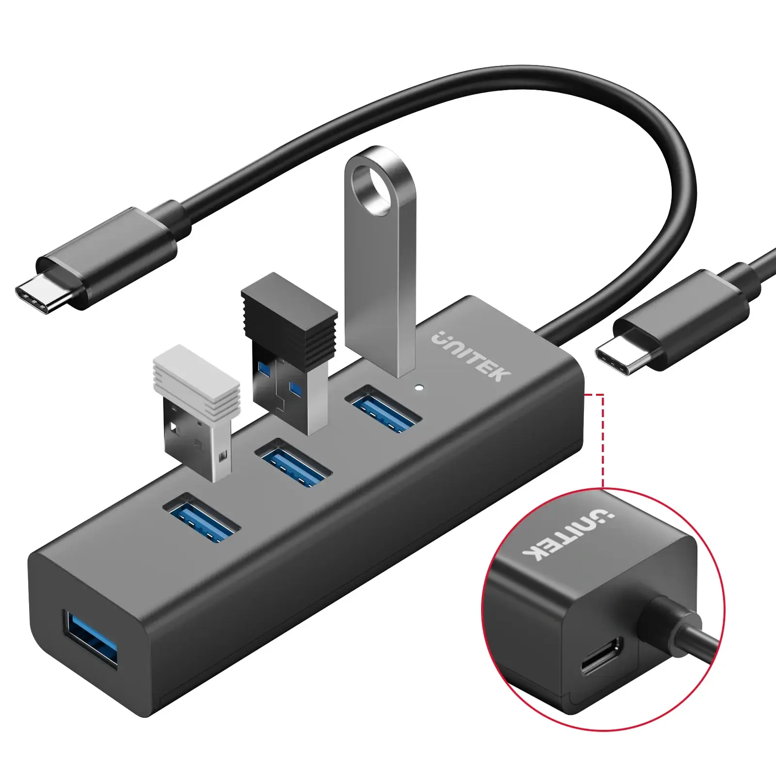 Y-3089Z01, Unitek 4-in-1 USB-C 5Gbps Hub (4*USB-A) Black