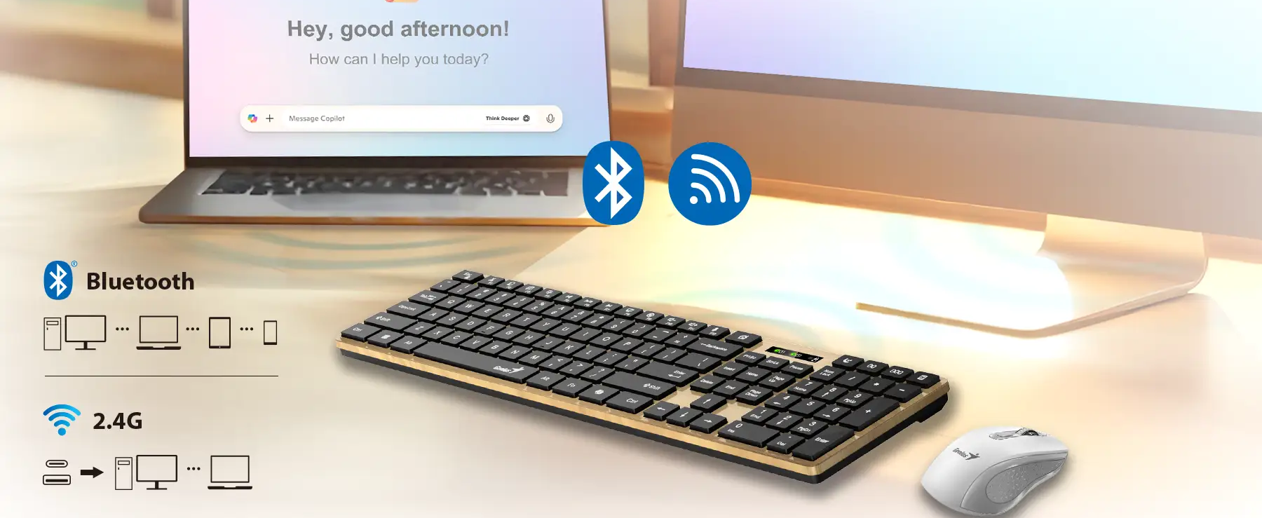 Genius SlimStar 7250BT, AI Copilot Key, Keyboard, Pine wood