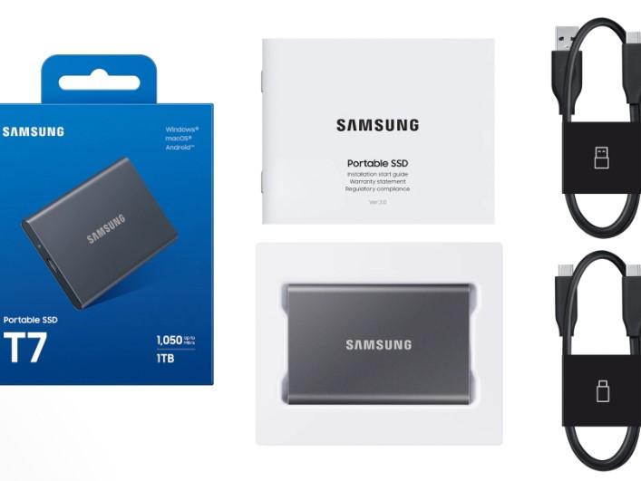 Samsung T7 External SSD, 1TB, USB3.2, Read up to 1,050 MB/s Write up to 1,000 MB/s, Type-c c and Typec to A