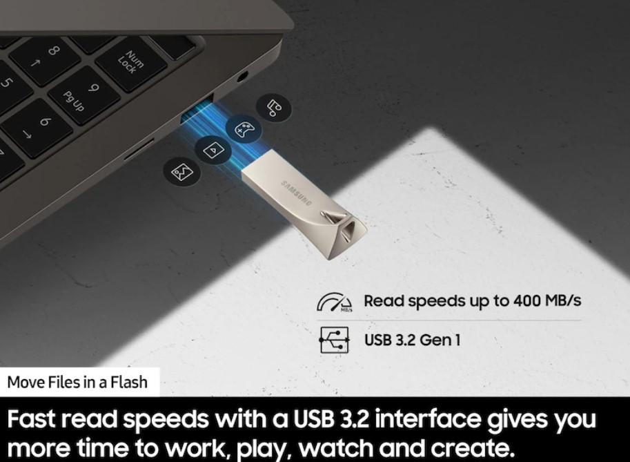 Samsung BAR Plus Flash Memory, 128GB, USB A 3.2 Gen1, Up to 400MB/s read