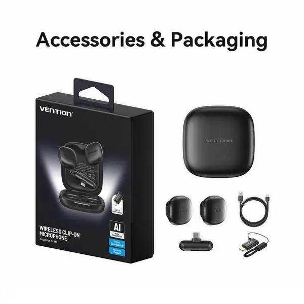 Vention NCDB0 Microphone, Wireless AI Noise-Canceling Lavalier Microphone Black