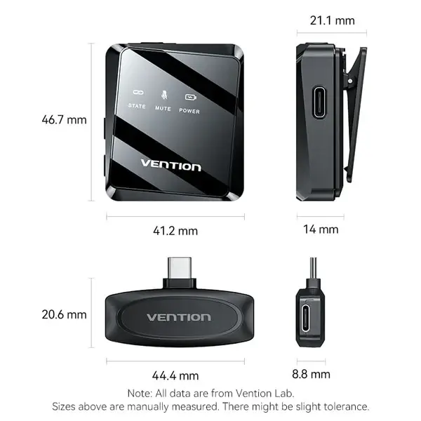 Vention NCBB0 Microphone, USB-C 2-Pack Wireless Lavalier Microphone Black Type
