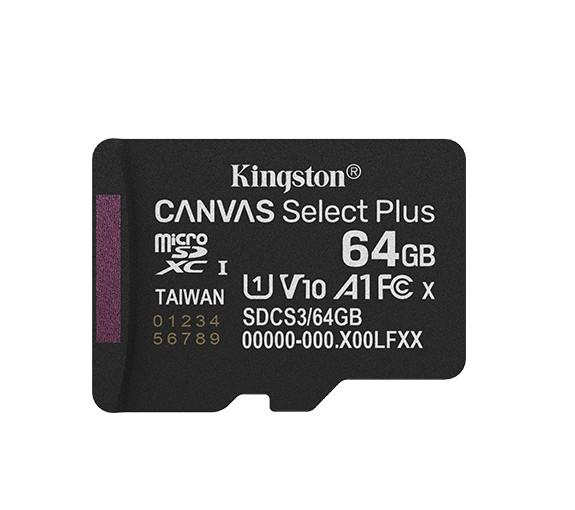 Kingston SDCS3/64GBSP Memory Card, 64GB microSDXC Canvas Select Plus Gen3 100MB/s A1