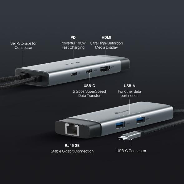 UH6120C, TPLINK, Type C Adapter, USB Type-C 6-Port Hub, K@60Hz HDMI, 1 Gbps ethernet, 100W PD, 1×USB-C Data Ports, 2× USB-A