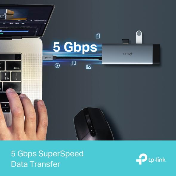 UH6120C, TPLINK, Type C Adapter, USB Type-C 6-Port Hub, K@60Hz HDMI, 1 Gbps ethernet, 100W PD, 1×USB-C Data Ports, 2× USB-A