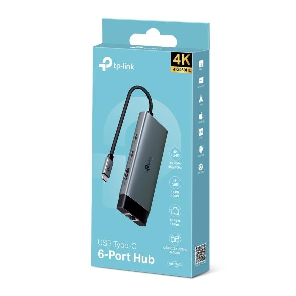 UH6120C, TPLINK, Type C Adapter, USB Type-C 6-Port Hub, K@60Hz HDMI, 1 Gbps ethernet, 100W PD, 1×USB-C Data Ports, 2× USB-A