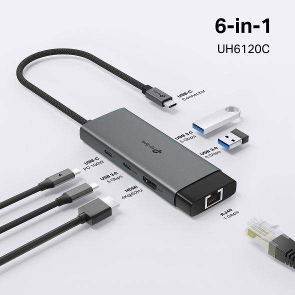 UH6120C, TPLINK, Type C Adapter, USB Type-C 6-Port Hub, K@60Hz HDMI, 1 Gbps ethernet, 100W PD, 1×USB-C Data Ports, 2× USB-A