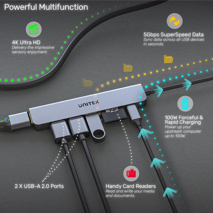 Unitek H1118A 7-in-1 USB-C 5Gbps Hub (USB3.0+2*USB2.0+SD/Micro SD Card Reader+HDMI+PD 100W), Space Grey