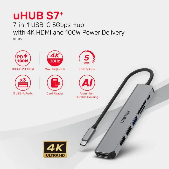 Unitek H1118A 7-in-1 USB-C 5Gbps Hub (USB3.0+2*USB2.0+SD/Micro SD Card Reader+HDMI+PD 100W), Space Grey