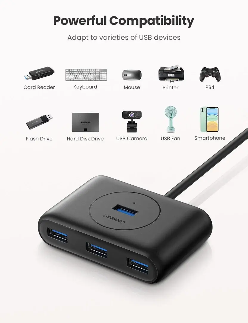CR113 UGREEN USB 3.0 4 Ports Hub with 2.0 OTG Black 1M (20291)